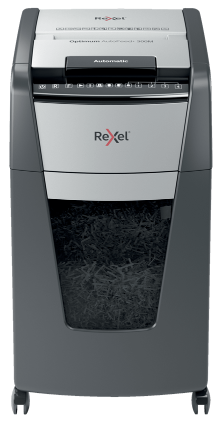 

Шредер Rexel Optimum AutoFeed+ 300M, секретность P-5, фрагменты - 2 мм x 1.5 см, объем 60 л, кол-во листов до 300 шт., скрепки, скобы, карты, серый/серебристый (2020300MEU), 300M