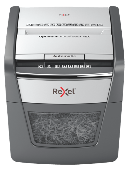 

Шредер Rexel Optimum AutoFeed+ 45X, секретность P-4, фрагменты - 4 мм x 2.8 см, объем 20 л, кол-во листов до 45 шт., скрепки, скобы, карты, серый/серебристый (2020045XEU), 45X