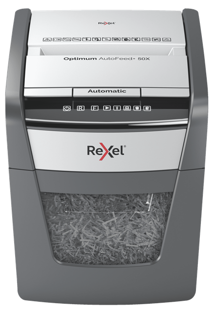 

Шредер Rexel Optimum AutoFeed+ 50X, секретность P-4, фрагменты - 4 мм x 2.8 см, объем 20 л, кол-во листов до 50 шт., скрепки, скобы, карты, серый/серебристый (2020050XEU), 50X