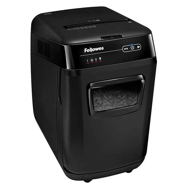 

Шредер FELLOWES AutoMax 200C, секретность P-4, фрагменты - 4 мм x 3.8 см, объем 32 л, кол-во листов до 200 шт., скрепки, скобы, карты, CD, черный (FS-46536), 200C