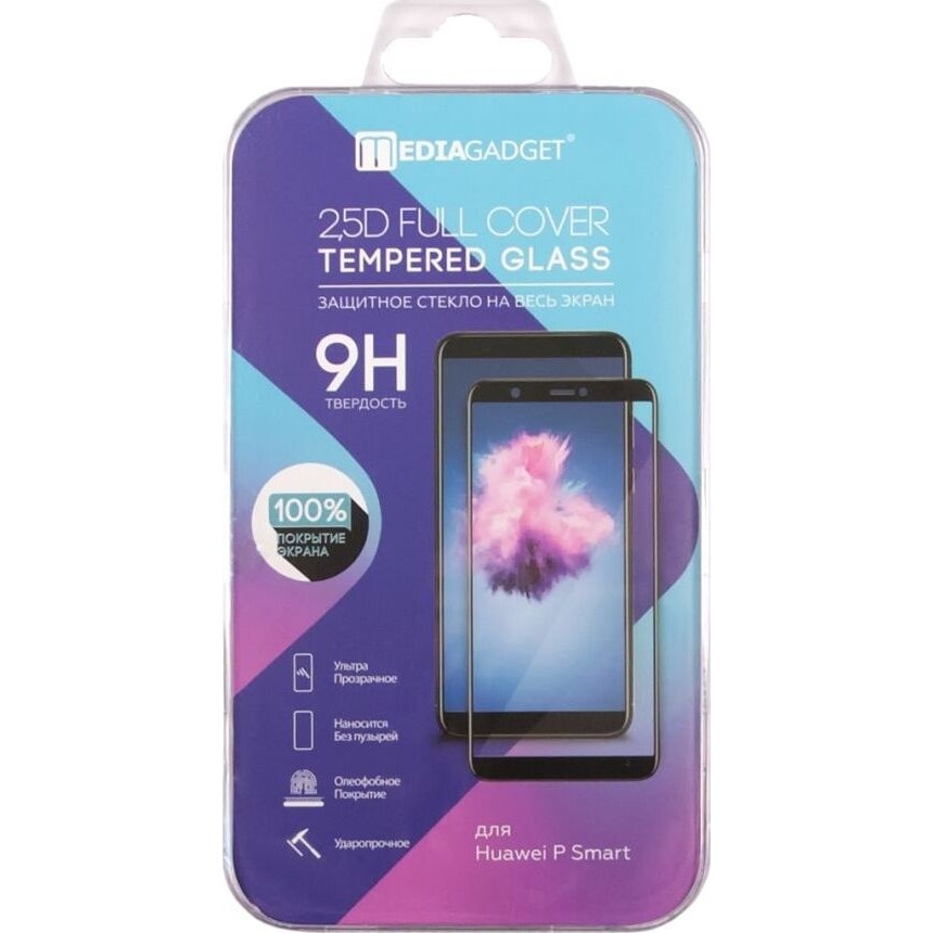 

Защитное стекло MEDIAGADGET для экрана смартфона Huawei P Smart Plus, FullScreen, поверхность глянцевая, черная рамка, 2.5D (1828225)