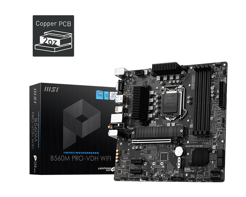 

Материнская плата MSI B560M PRO-VDH WIFI, Socket1200, Intel B560, 4xDDR4, PCI-Ex16, 6SATA3, 7.1-ch, 2.5GLAN, 6USB 3.2, VGA, HDMI, DisplayPort, mATX, Retail, B560M PRO-VDH WIFI