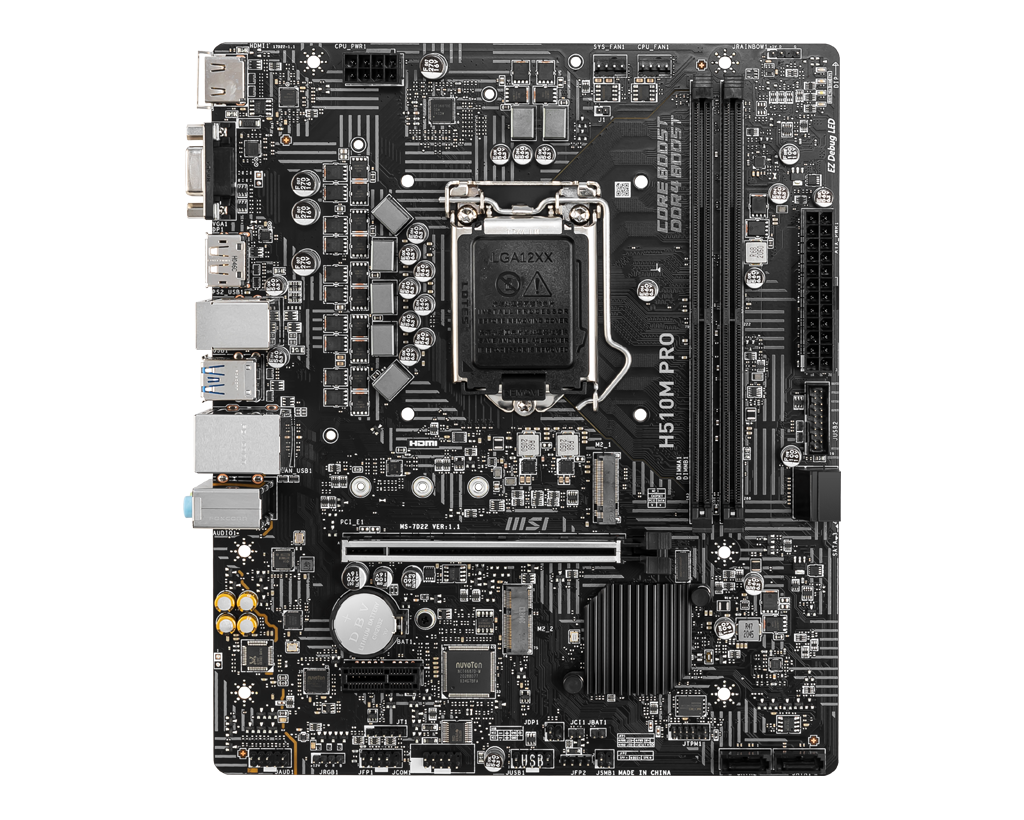 

Материнская плата MSI H510M PRO, Socket1200, Intel H510, 2xDDR4, PCI-Ex16, 4SATA3, 7.1-ch, GLAN, 4 USB 3.2, VGA, HDMI, DP, mATX, Retail, H510M PRO