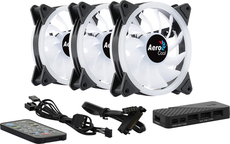 

Комплект вентиляторов AeroCool Duo 12 Pro, 120 мм, 1000rpm, 19.7 дБ, 6-pin, 3шт, ARGB (4710562752588), Duo 12 Pro