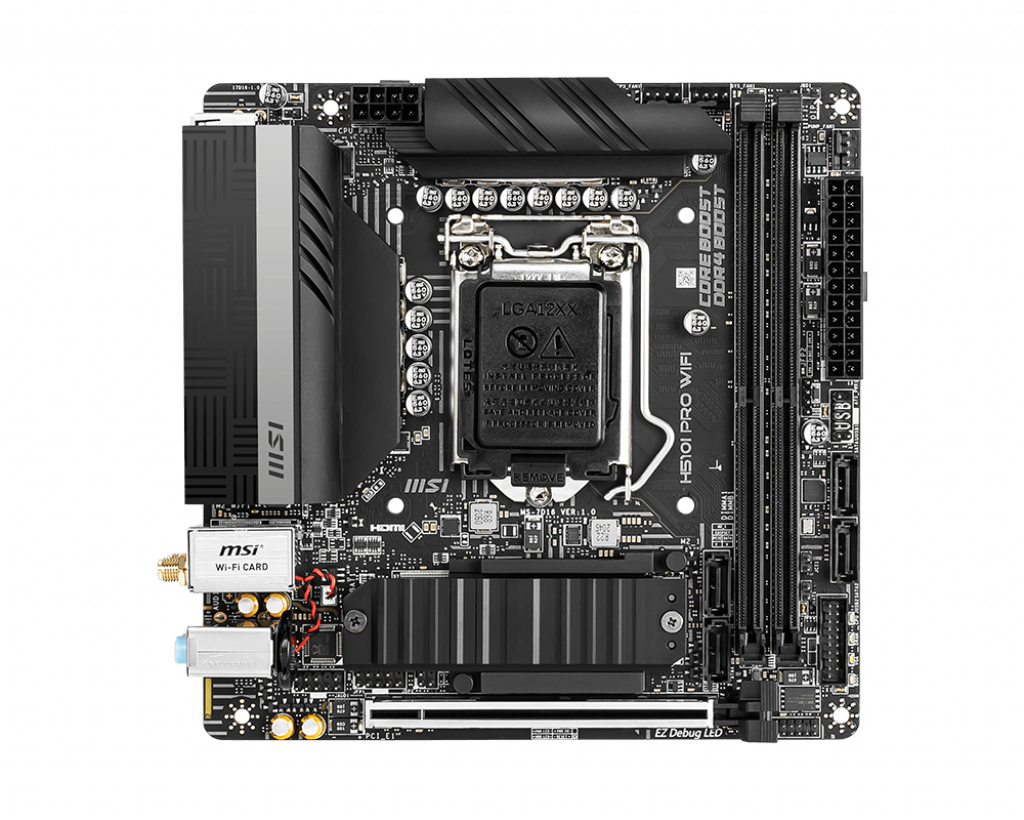 

Материнская плата MSI H510I PRO WIFI, Socket1200, Intel H510, 2xDDR4, PCI-Ex16, 4SATA3, 7.1-ch, 2.5GLAN, 4 USB 3.2, HDMI, DP, mini-ITX, Retail, H510I PRO WIFI