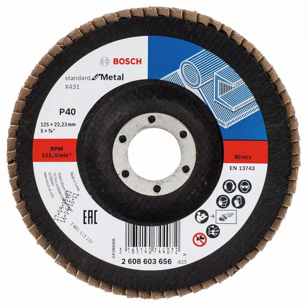 

Диски лепестковый шлифовальный BOSCH standart ⌀125мм x22,23, P40, 1шт., по металлу (2608603656)