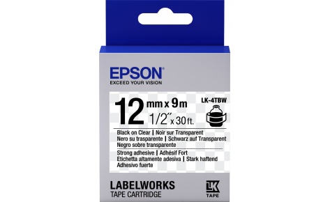 

Кассета с лентой Epson LK-4TBW, 1.2 см x 9 м, черный на прозрачном, оригинальная (C53S654015), LK-4TBW