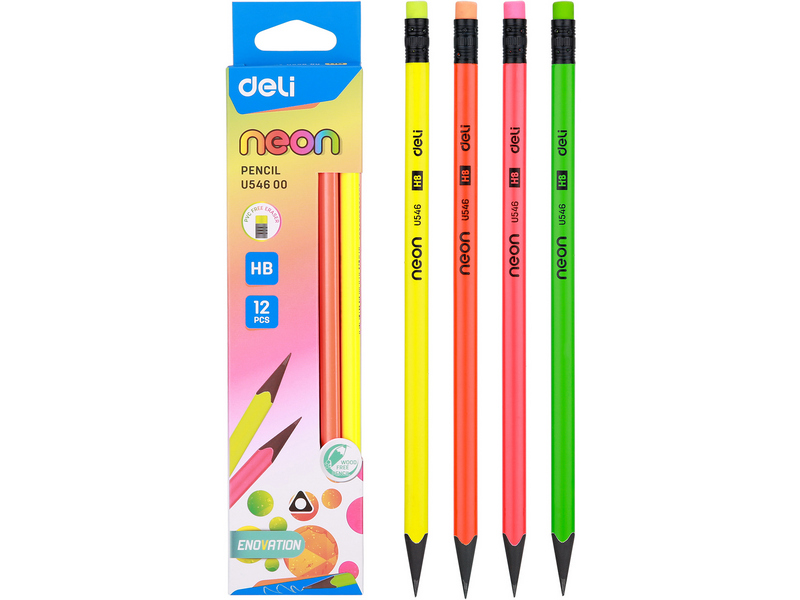 

Карандаш чернографитный HB, треугольная форма, с ластиком, ассорти, Deli Neon EU54600 (EU54600-1), EU54600