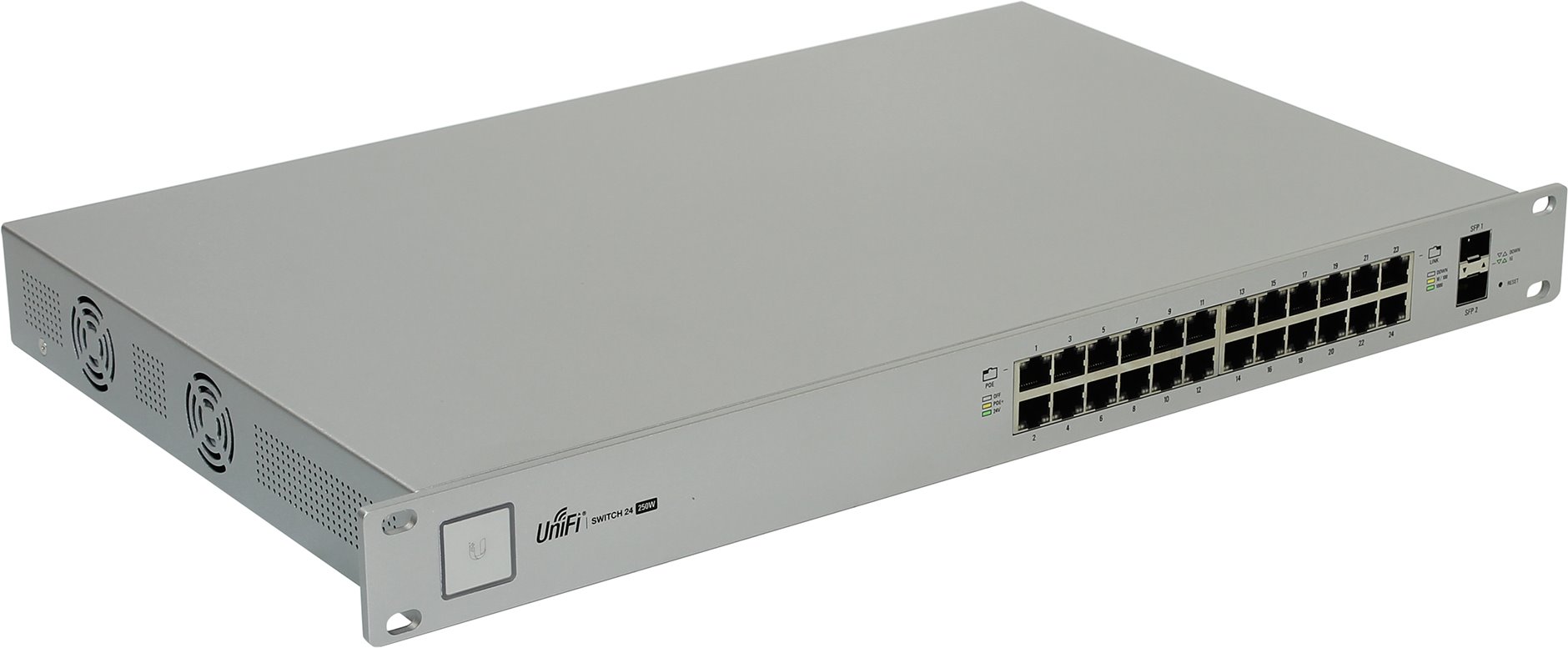 

Коммутатор Ubiquiti UniFi Switch US-24-250W, управляемый, кол-во портов: 24x1 Гбит/с, SFP 2x1 Гбит/с, установка в стойку, PoE: 24x30Вт (макс. 250Вт) (US-24-250W-EU), UniFi Switch US-24-250W