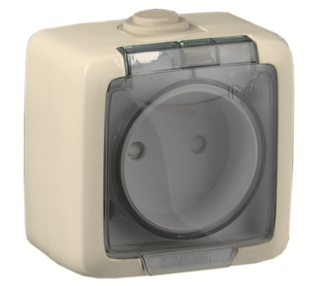 

Розетка HEGEL ALFA IP44, открытый монтаж, однопостовая, с крышкой, 16A, в сборе, IP44, слоновая кость (РА16-201-01)