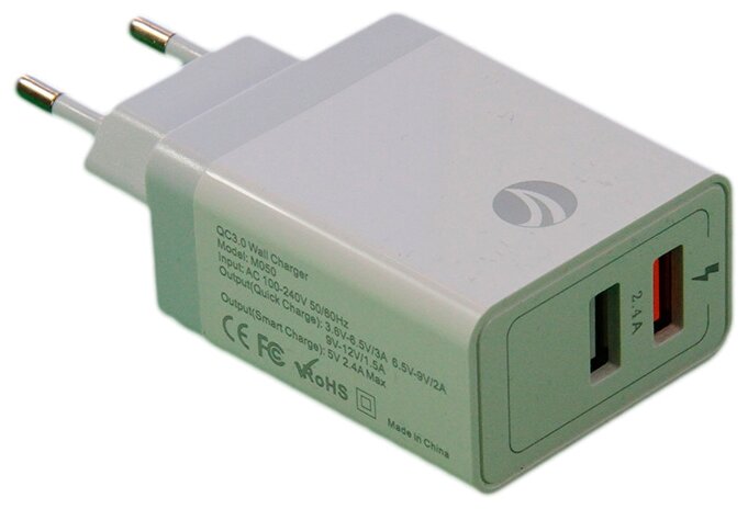

Сетевое зарядное устройство VCOM CA-M050 30W, 2USB, Quick Charge, 3A, белый (CA-M050), CA-M050