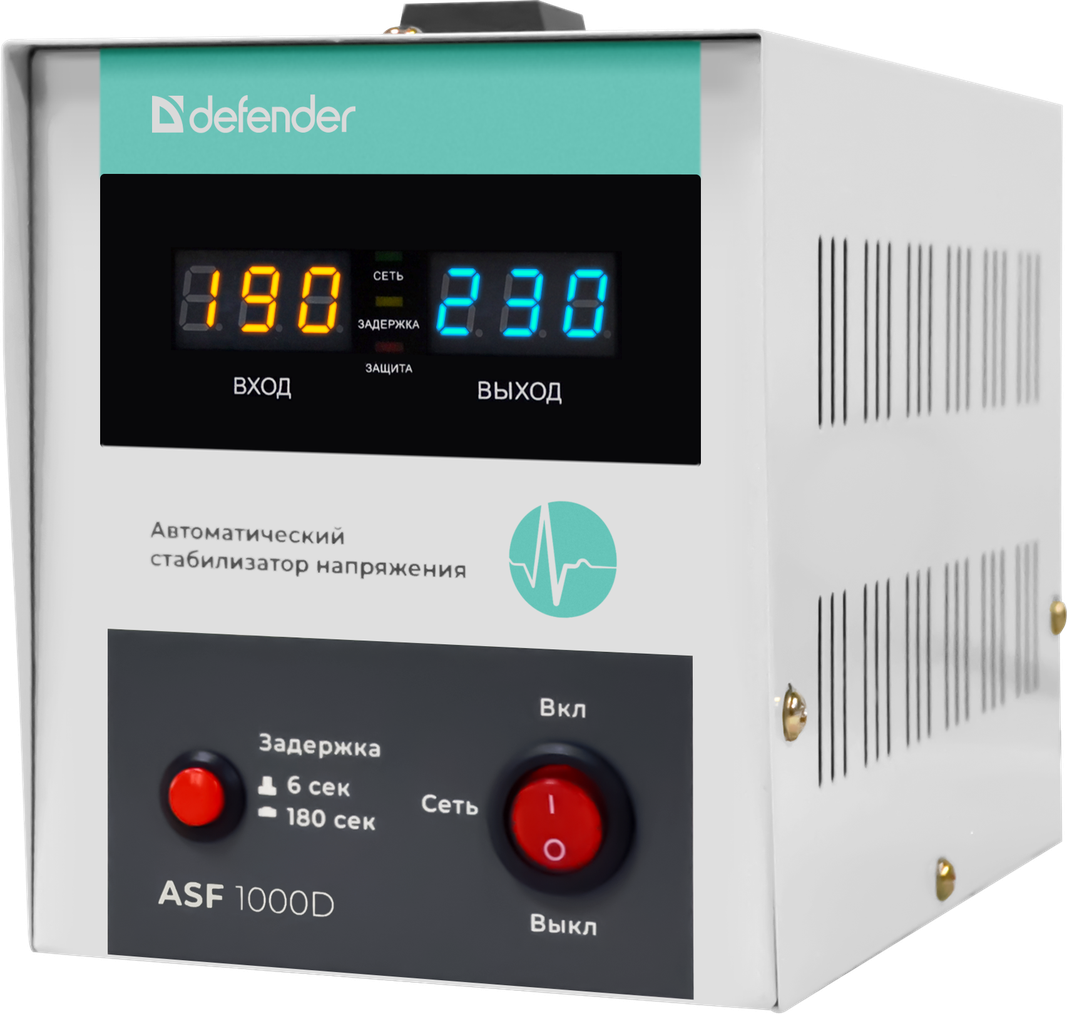 

Стабилизатор напряжения Defender ASF 1000D, 1000 VA, 600 Вт, EURO, белый (99035), ASF 1000D