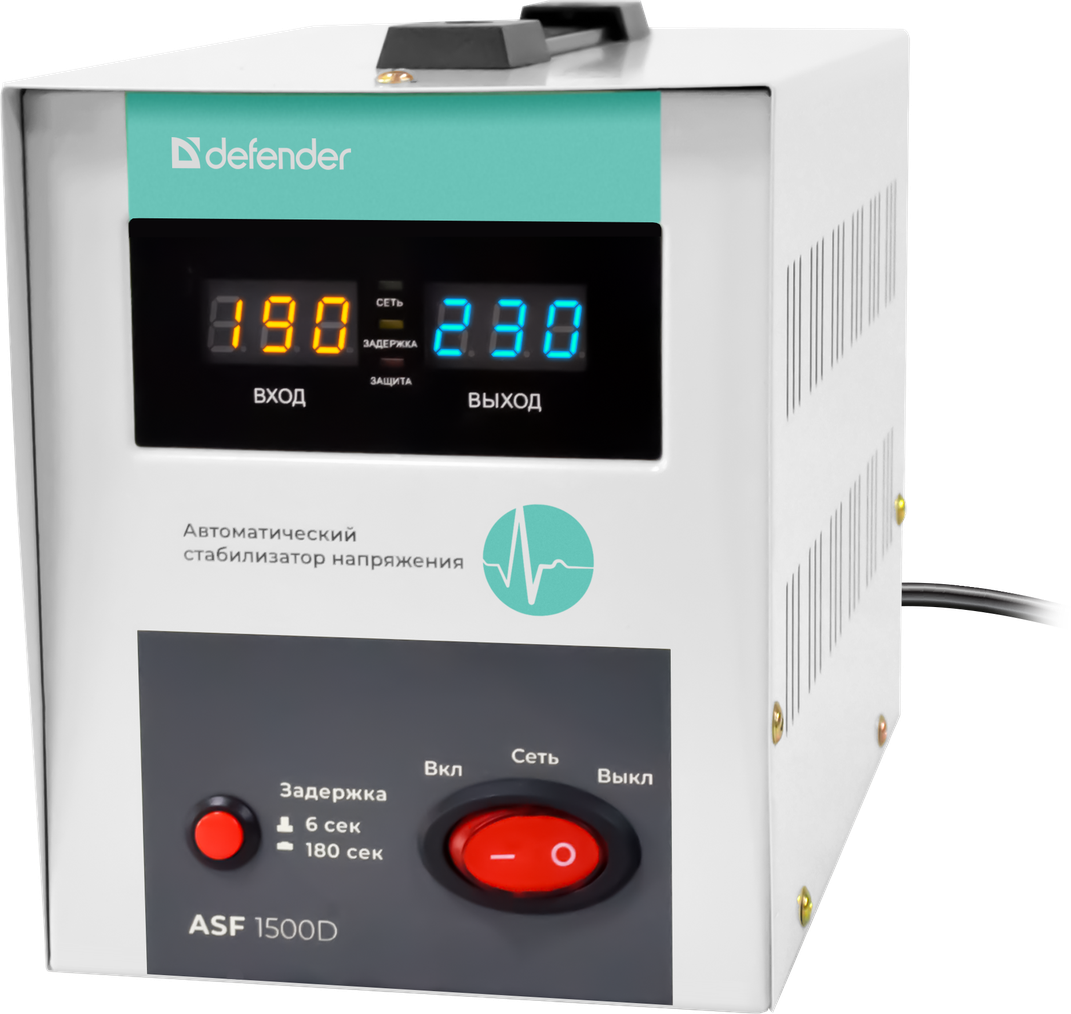

Стабилизатор напряжения Defender ASF 1500D, 1500 VA, 900 Вт, EURO, белый (99036), ASF 1500D