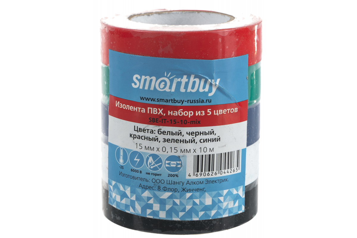 

Изолента ПВХ, 150 мкм/1.5 см/10 м, мультиколор, 5 шт., SmartBuy (SBE-IT-15-10-mix)