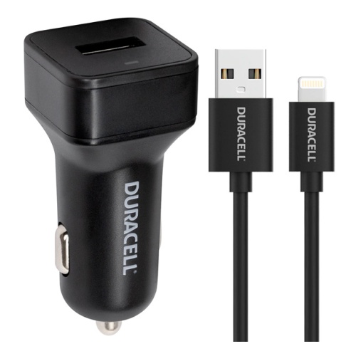 Автомобильное зарядное устройство Duracell DR5031A-RU, USB, 2.4A, кабель Lightning 8-pin, черный (DR5031A-RU)