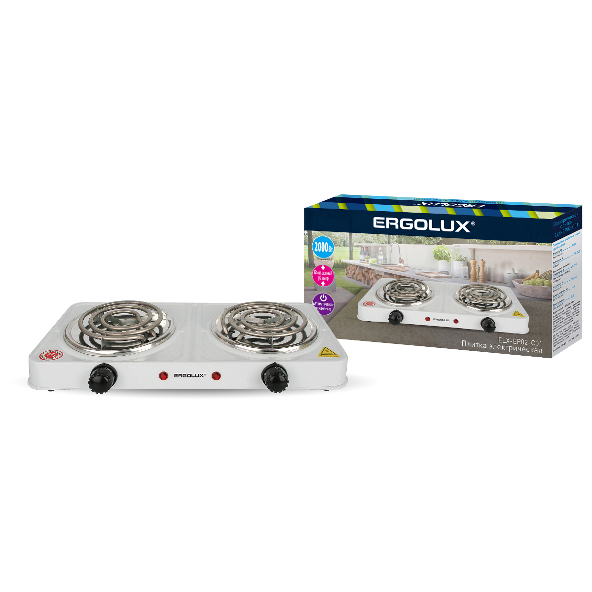

Плита компактная электрическая Ergolux ELX-EP02-C01, эмалированная, 2000Вт, конфорок - 2шт., белый (13437), ELX-EP02-C01