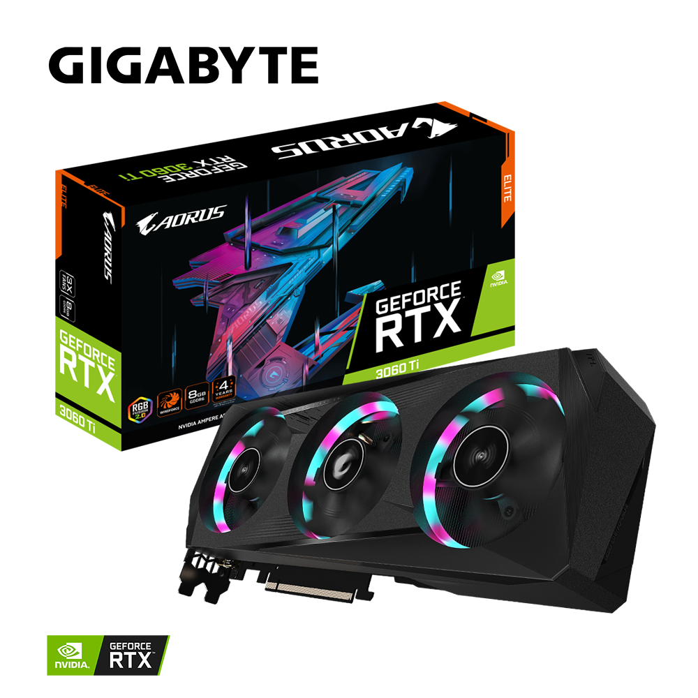 

Видеокарта GIGABYTE NVIDIA GeForce RTX 3060Ti AORUS ELITE, 8Gb DDR6, 256bit, PCI-E, 2HDMI, 2DP, Retail (GV-N306TAORUS E-8GD LHR), AORUS ELITE