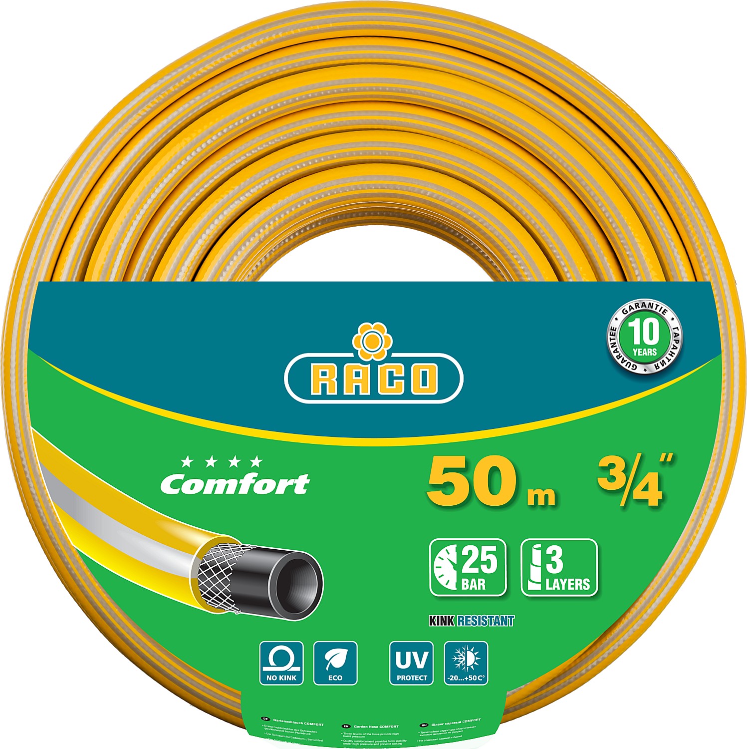 

Шланг Raco COMFORT, ПВХ, поливочный, армированный, d = 3/4" (19 мм), 50м, 25 бар (40303-3/4-50_z01)