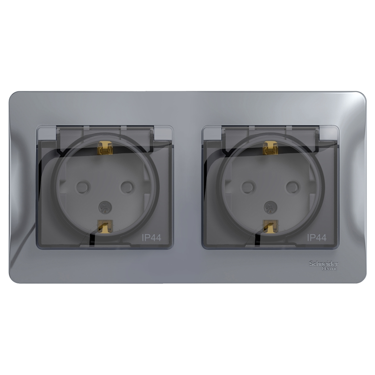 

Розетка Schneider Electric GLOSSA, скрытый монтаж, 2-х постовая, с з/к, со шторками, с крышкой, 16A, в сборе, IP44, алюминий (GSL000347)