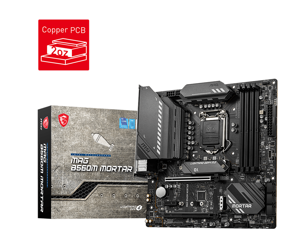 

Материнская плата MSI MAG B560M MORTAR, Socket1200, Intel B560, 4xDDR4, PCI-Ex16, 6SATA3, 7.1-ch, 2.5GLAN, 5 USB 3.2, 2 USB Type-C, HDMI, DP, mATX, Retail, MAG B560M MORTAR