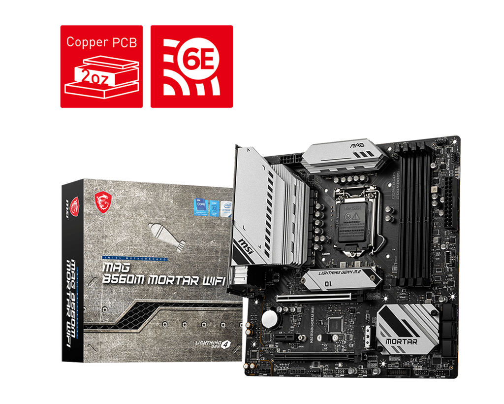 

Материнская плата MSI MAG B560M MORTAR WIFI, Socket1200, Intel B560, 4xDDR4, PCI-Ex16, 6SATA3, 7.1-ch, 2.5GLAN, 5 USB 3.2, 2 USB Type-C, HDMI, DP, mATX, Retail, MAG B560M MORTAR WIFI