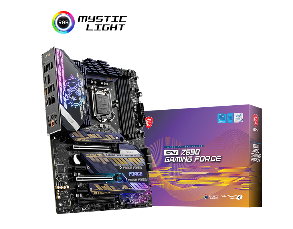 

Материнская плата MSI MPG Z590 GAMING FORCE, Socket1200, Intel Z590, 4xDDR4, 3PCI-Ex16, 6SATA3, 7.1-ch, 2.5GLAN, 7 USB 3.2, 2 USB Type-C, HDMI, DP, ATX, Retail, MPG Z590 GAMING FORCE
