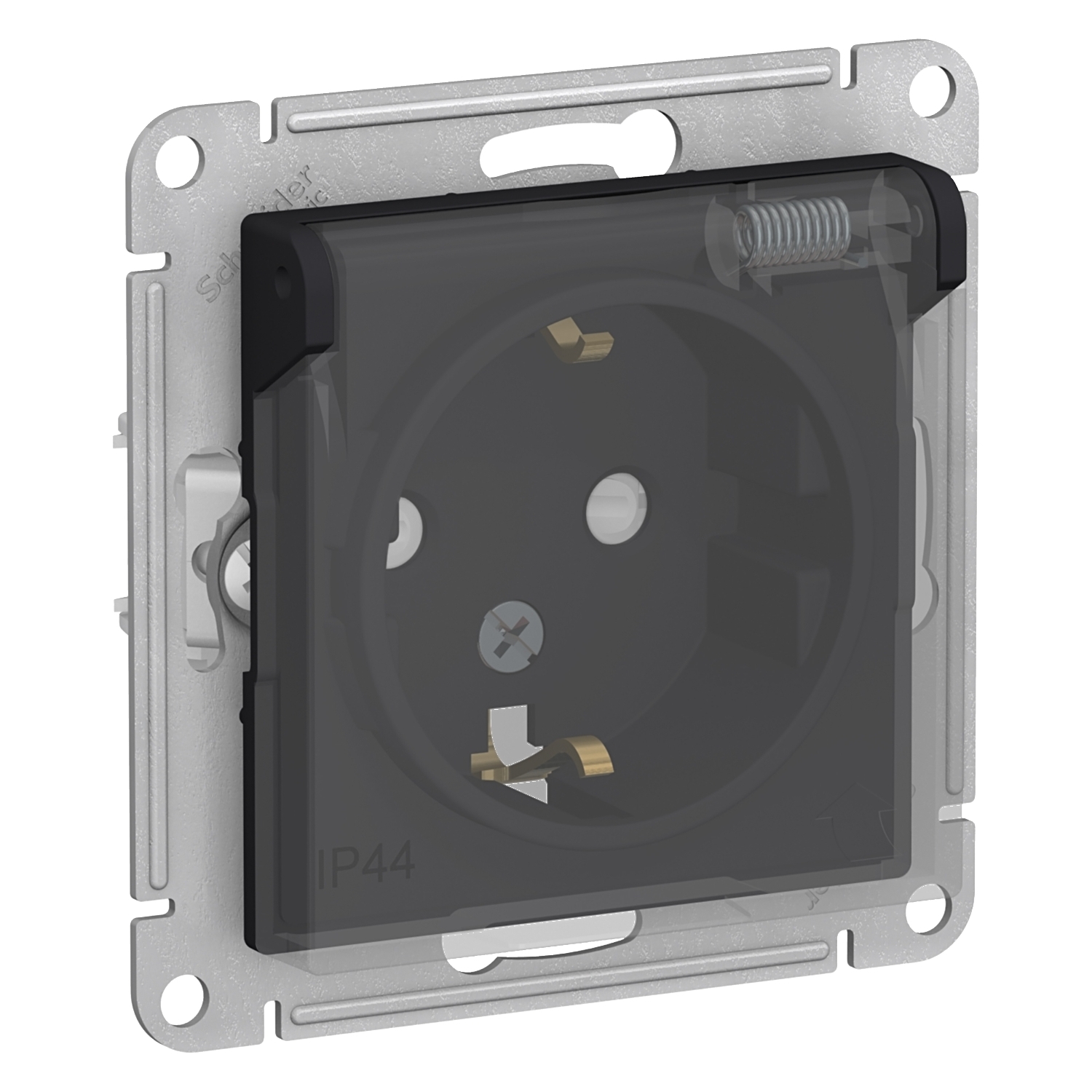 

Розетка Schneider Electric ATLASDESIGN AQUA, скрытый монтаж, однопостовая, с з/к, со шторками, с крышкой, 16A, механизм с накладкой без рамки, IP44, карбон (ATN441046)
