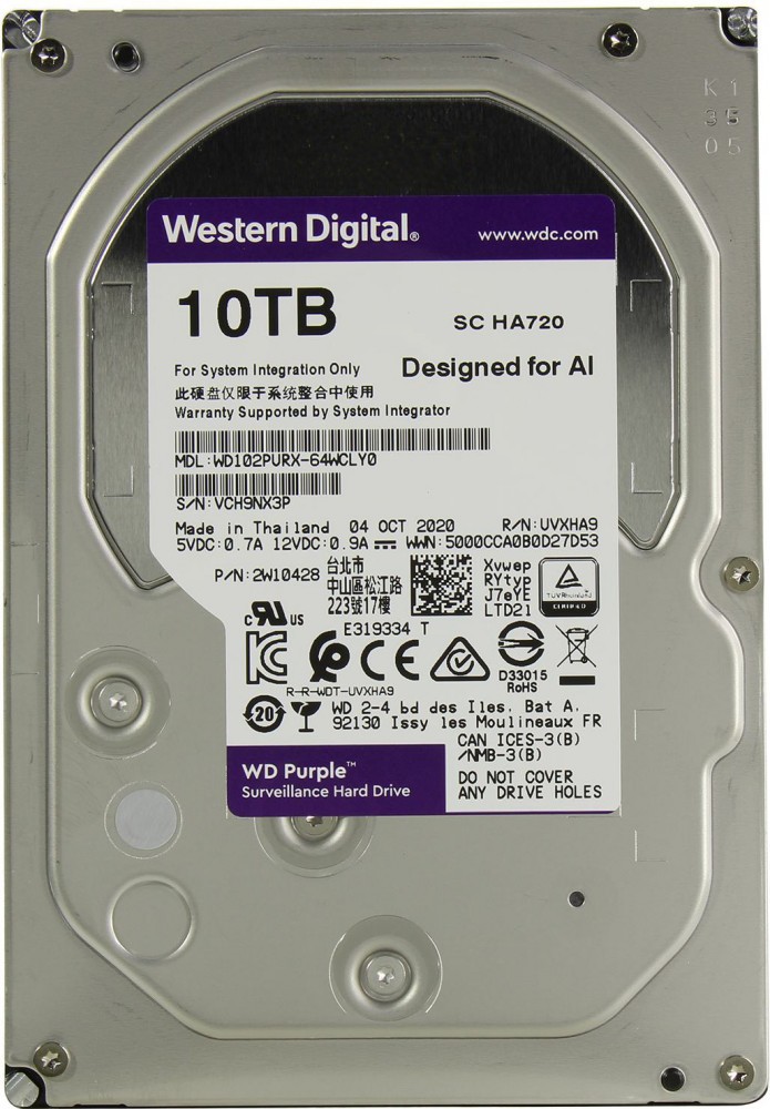 

Жесткий диск (HDD) Western Digital 10Tb Purple, 3.5", 7200rpm, 256Mb, SATA3 (WD102PURX)