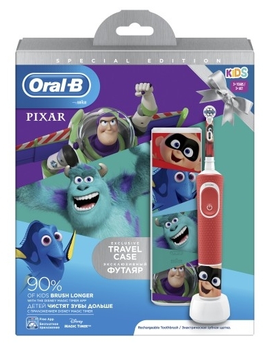 

Детская электрическая зубная щетка Oral-B Pixar D100.413.2KX, 1-насадка, 2-режима, красный (80337576), Pixar D100.413.2KX
