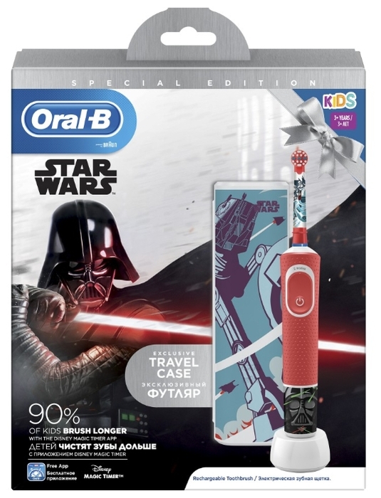

Детская электрическая зубная щетка Oral-B StarWars D100.413.2KX, 1-насадка, 2-режима, красный (80336981), StarWars D100.413.2KX