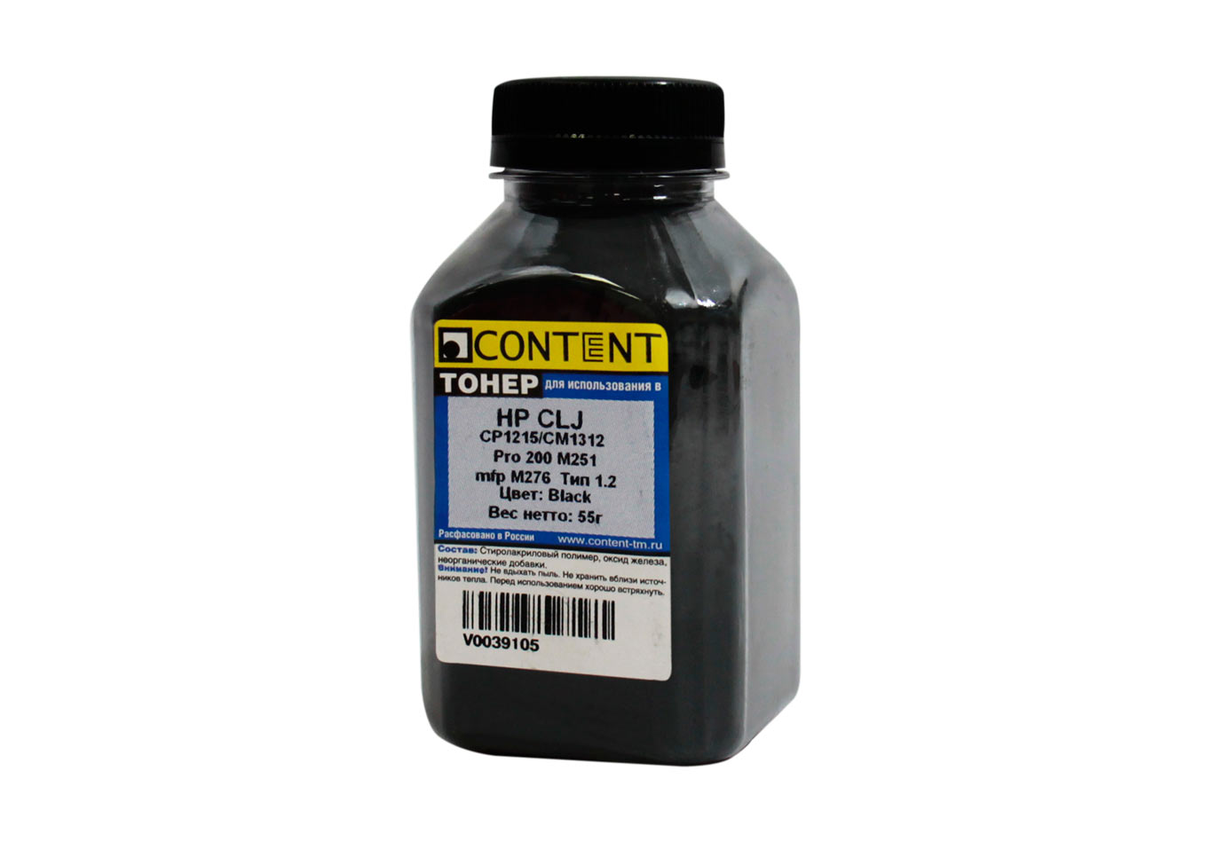 Тонер Content, бутыль 55 г, черный, совместимый для Canon CLJ CM1300/CM1312/CP1210/CP1215/Pro CP1525/CM1415/Pro 200 M251/mfp M276, I-Sensis LBP-7100/7110/MF8230/8280, Тип 1.2 (V0039105)