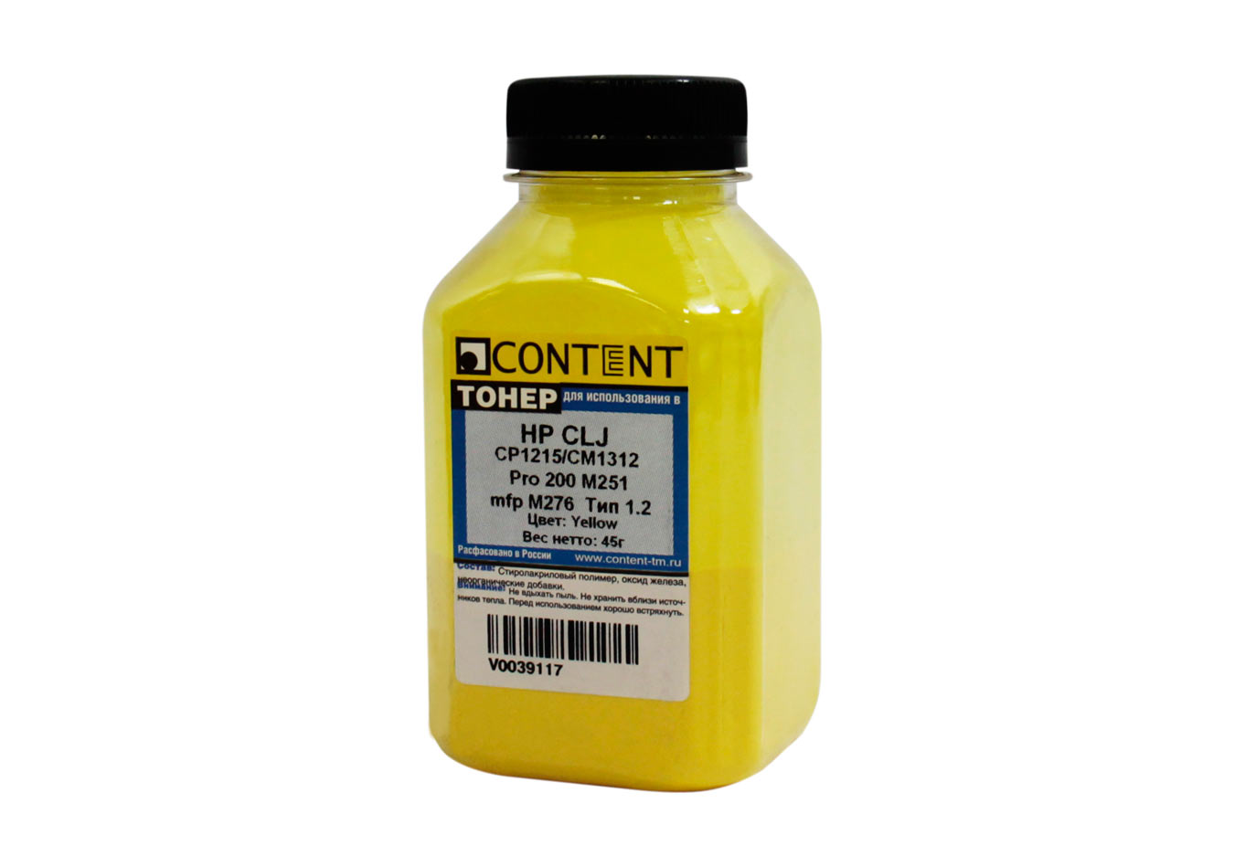 Тонер Content, бутыль 45 г, желтый, совместимый для Canon CLJ CM1300/CM1312/CP1210/CP1215/Pro CP1525/CM1415/Pro 200 M251/mfp M276, I-Sensis LBP-7100/7110/MF8230/8280, Тип 1.2 (V0039117)