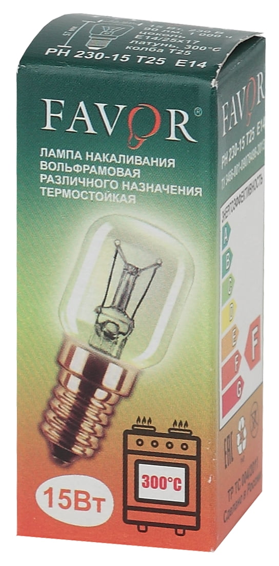 

Лампа накаливания E14/T25, 15Вт, 90лм, для холодильников, Favor РН 230-15 для печей (Б0038882), РН 230-15