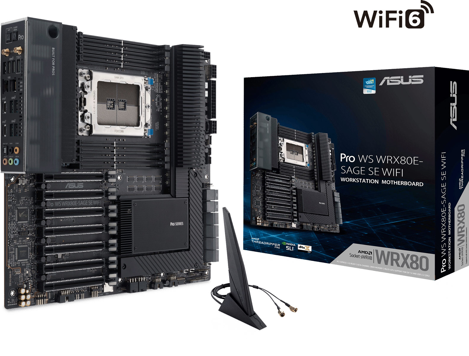 

Материнская плата ASUS PRO WS WRX80E-SAGE SE WIFI, sWRX8, AMD WRX80, 8xDDR4, 7PCI-Ex16, 8SATA3, 7.1-ch, 2x10GLAN, 10 USB 3.2, 3 USB Type-C, EATX, Retail, PRO WS WRX80E-SAGE SE WIFI