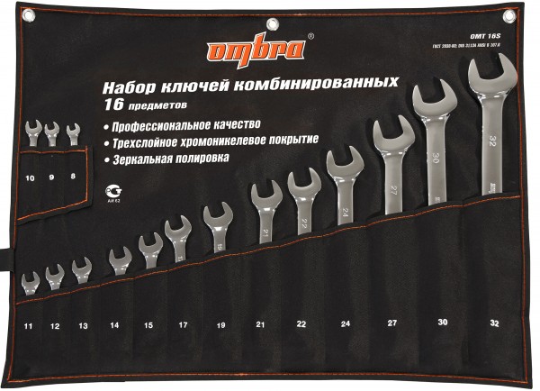 набор инструментов, предметов в наборе: 16шт., хром - ванадиевая сталь, ключи: комбинированные - 16шт., сумка, Ombra OMT16S (055009)