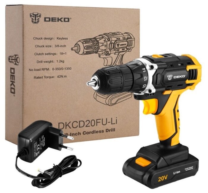 

Дрель-шуруповерт DEKO DKCD20FU-Li, аккумуляторный, 42 нм, 1350 об/мин, 20V, 1.5 А·ч, Li-Ion, быстрозажимной патрон, 1.36 кг (063-4102), DKCD20FU-Li