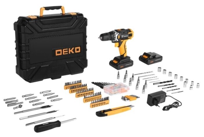 

Дрель-шуруповерт DEKO DKCD20FU-Li, аккумуляторный, 42 нм, 1350 об/мин, 20V, 2 А·ч, Li-Ion, два акб, быстрозажимной патрон, кейс, 3.8 кг (063-4179), DKCD20FU-Li