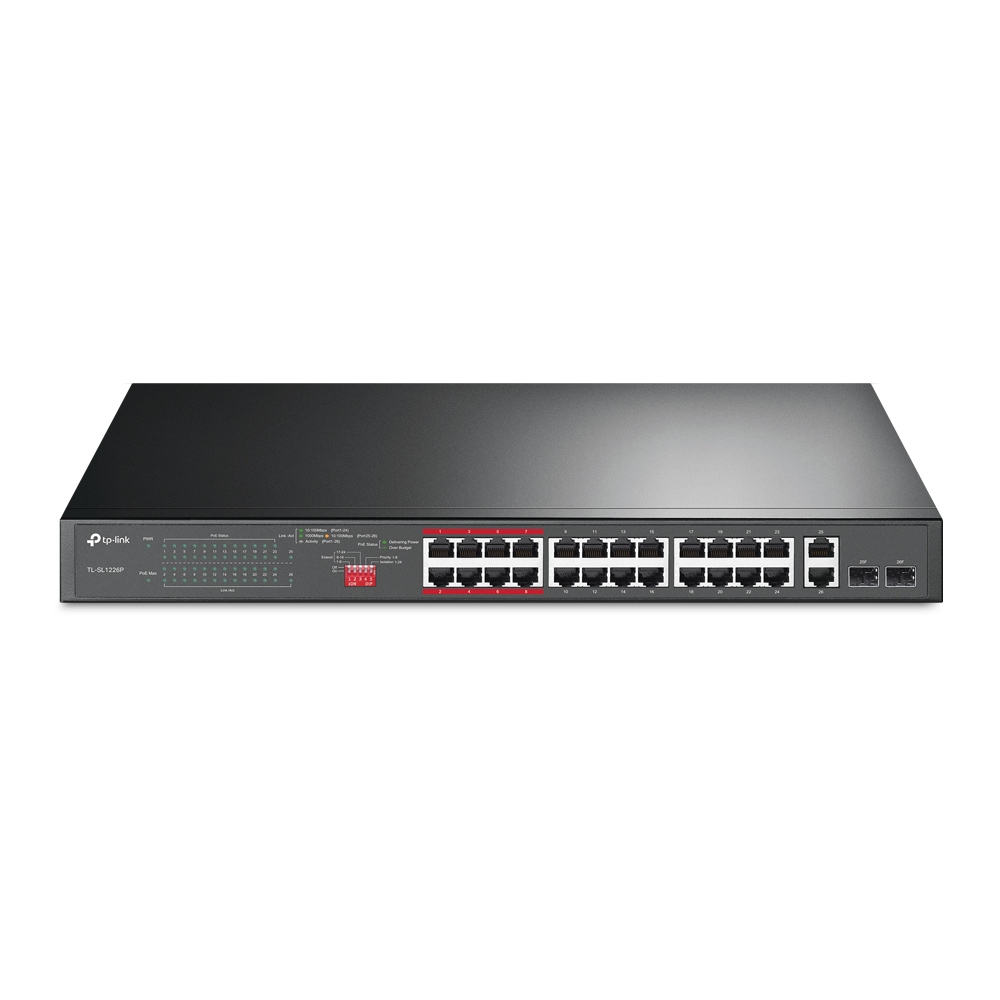 Коммутатор TP-Link TL-SL1226P, кол-во портов: 24x100 Мбит/с, кол-во SFP/uplink: combo RJ-45/SFP 2x1 Гбит/с, установка в стойку, PoE: 24x30Вт (макс. 250Вт) (TL-SL1226P)