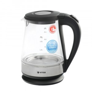 

Чайник VITEK VT-7077 1.7л. 2200Вт, скрытый нагревательный элемент, стекло, серебристый/черный (VT-7077), VT-7077