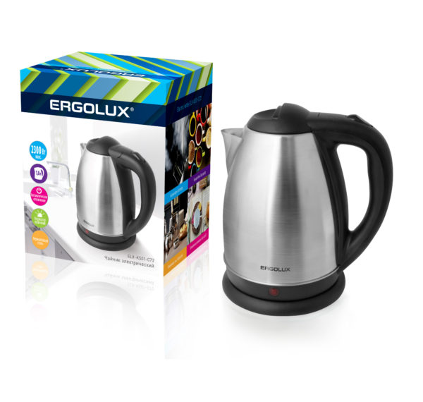 

Чайник Ergolux ELX-KS01-C72 1.8л. 2300Вт, Дисковый нагреватель, нержавеющая сталь/пластик, серебристый/черный (13120), ELX-KS01-C72