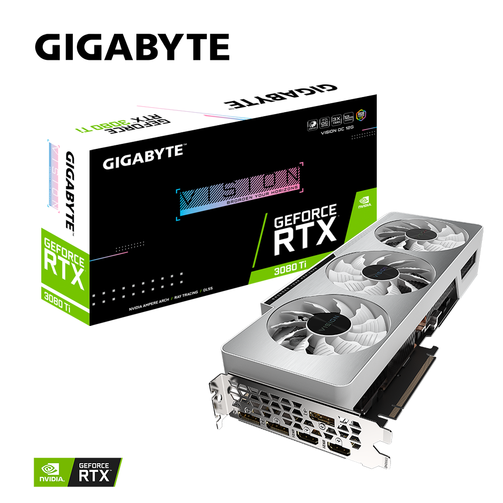 

Видеокарта GIGABYTE NVIDIA GeForce RTX 3080Ti VISION OC, 12Gb DDR6X, 384bit, PCI-E, 2HDMI, 3DP, Retail (GV-N308TVISION OC-12GD LHR), VISION OC