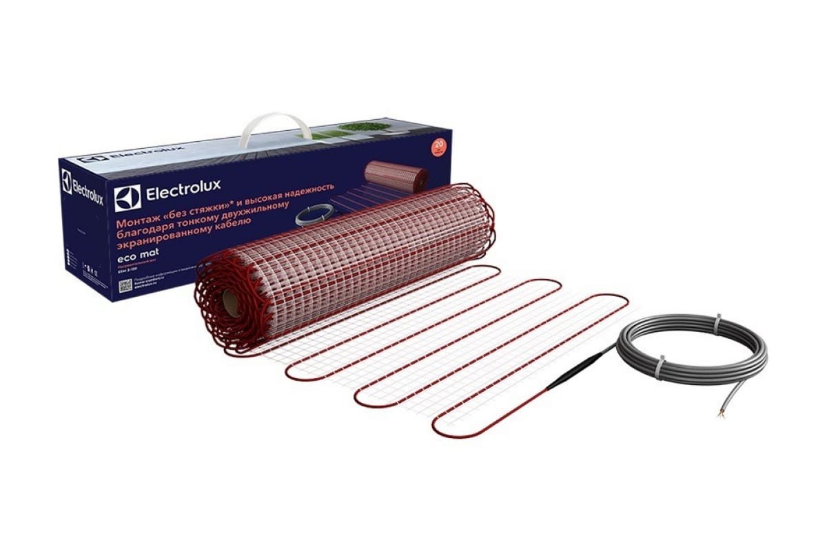 

Теплый пол 10м² нагревательный мат 50см x 20м двухжильный, 1500Вт / 150 Вт/м², без термостата, Electrolux EEM 2-150-10 (НС-1199450 ), EEM 2-150-10