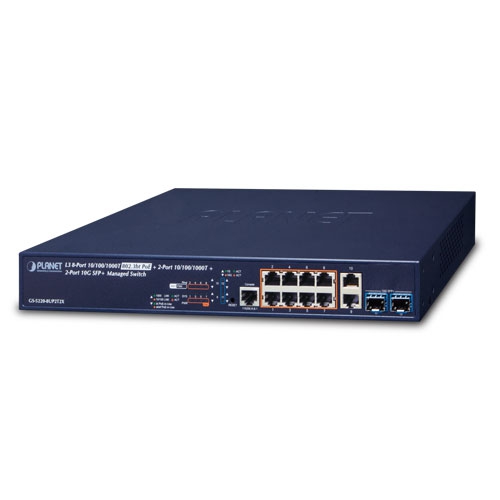 

Коммутатор Planet GS-5220-8UP2T2X, управляемый, кол-во портов: 8x1 Гбит/с, SFP+ 2x10 Гбит/с, установка в стойку, PoE (макс. 240Вт) (GS-5220-8UP2T2X), GS-5220-8UP2T2X