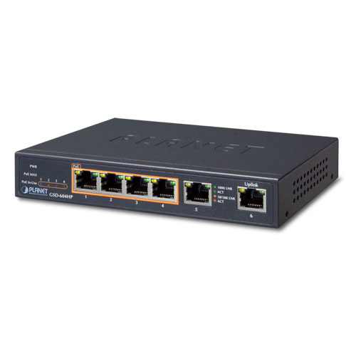 

Коммутатор Planet GSD-604HP, кол-во портов: 6x1 Гбит/с, PoE (макс. 60Вт) (GSD-604HP), GSD-604HP