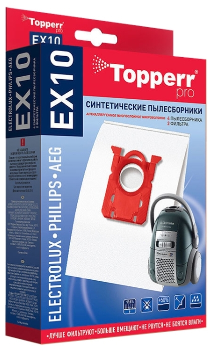 Пылесборники Topperr EX10 для AEG, Zanussi, Electrolux, BORK, Philips, 4 пылесборника и 2 моторных фильтра, белый, 4шт. (EX10)