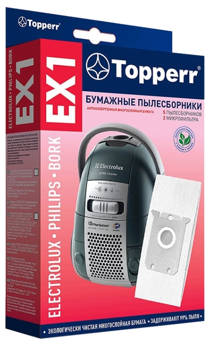 Пылесборники Topperr EX 1 для AEG, Zanussi, Electrolux, BORK, Philips, 5 бумажных пылесборников и 2 моторных фильтра, белый, 5шт. (EX 1)