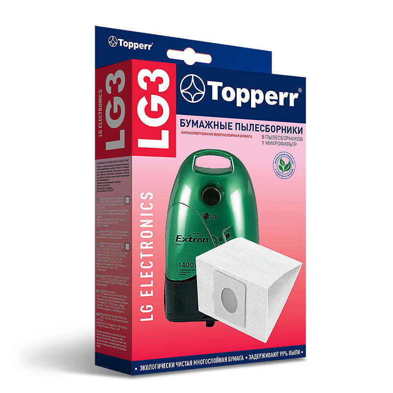 

Пылесборники Topperr LG 3 для LG ELECTRONICS, 5 пылесборников и 1 моторный фильтр, белый, 5шт. (LG 3), LG 3