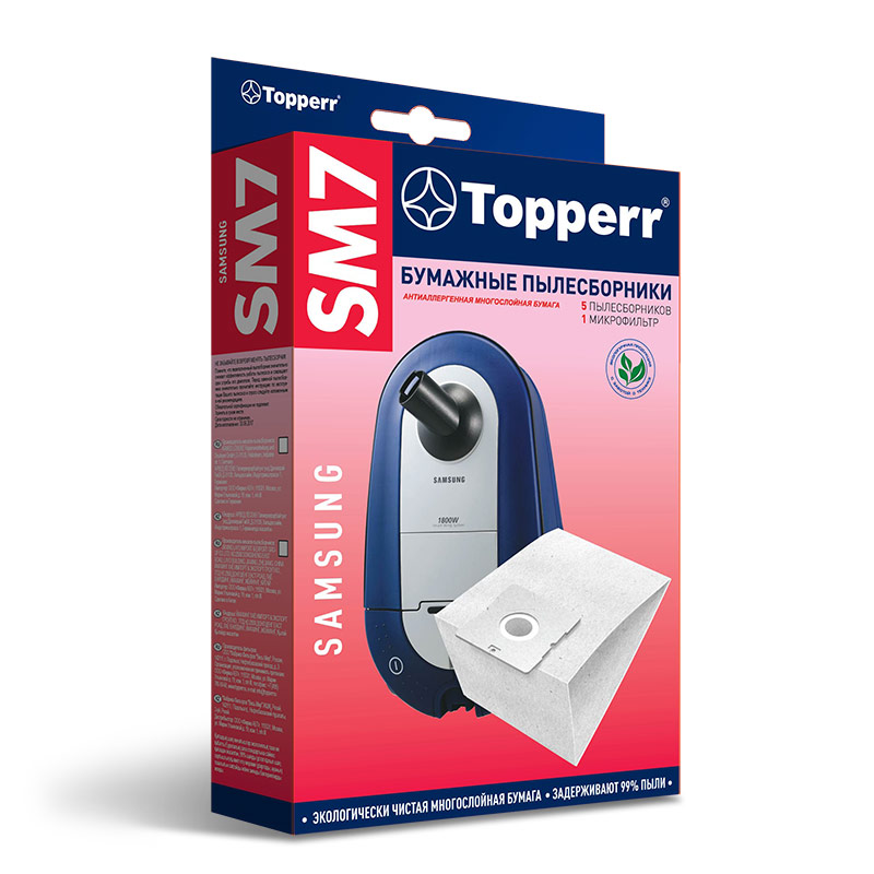 

Пылесборники Topperr SM 7 для Samsung, 5 бумажных пылесборников и 1 моторный фильтр, белый, 5шт. (SM 7), SM 7
