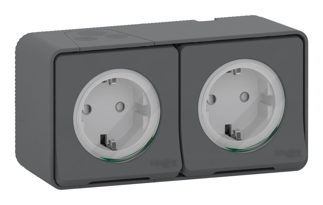 

Блок розеток Schneider Electric MUREVA S, открытый монтаж, 2-х постовая, с з/к, со шторками, 16A, в сборе, IP55, антрацит (MUR36029), 0