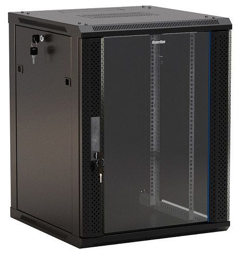 Шкаф телекоммуникационный настенный 9U 600x450 мм, стекло/металл, черный, в сборе, Hyperline TWB (TWB-0945-GP-RAL9004)